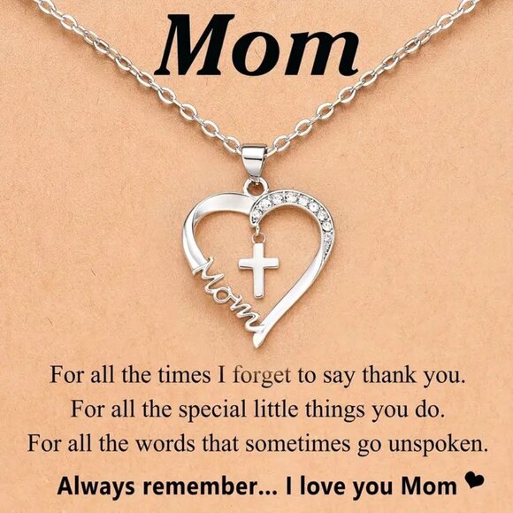 Silver Mom Heart Cross Necklace Christian Jewelry Mother’s Day Birthday Gift - Picture 1 of 6